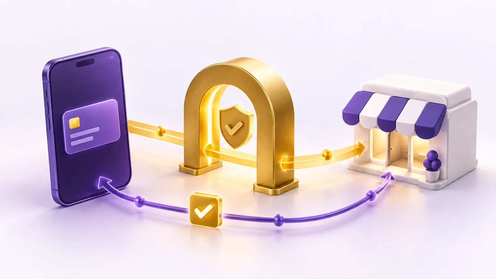 Celular, portal seguro e loja conectados por um fluxo de pagamento e confirmação.