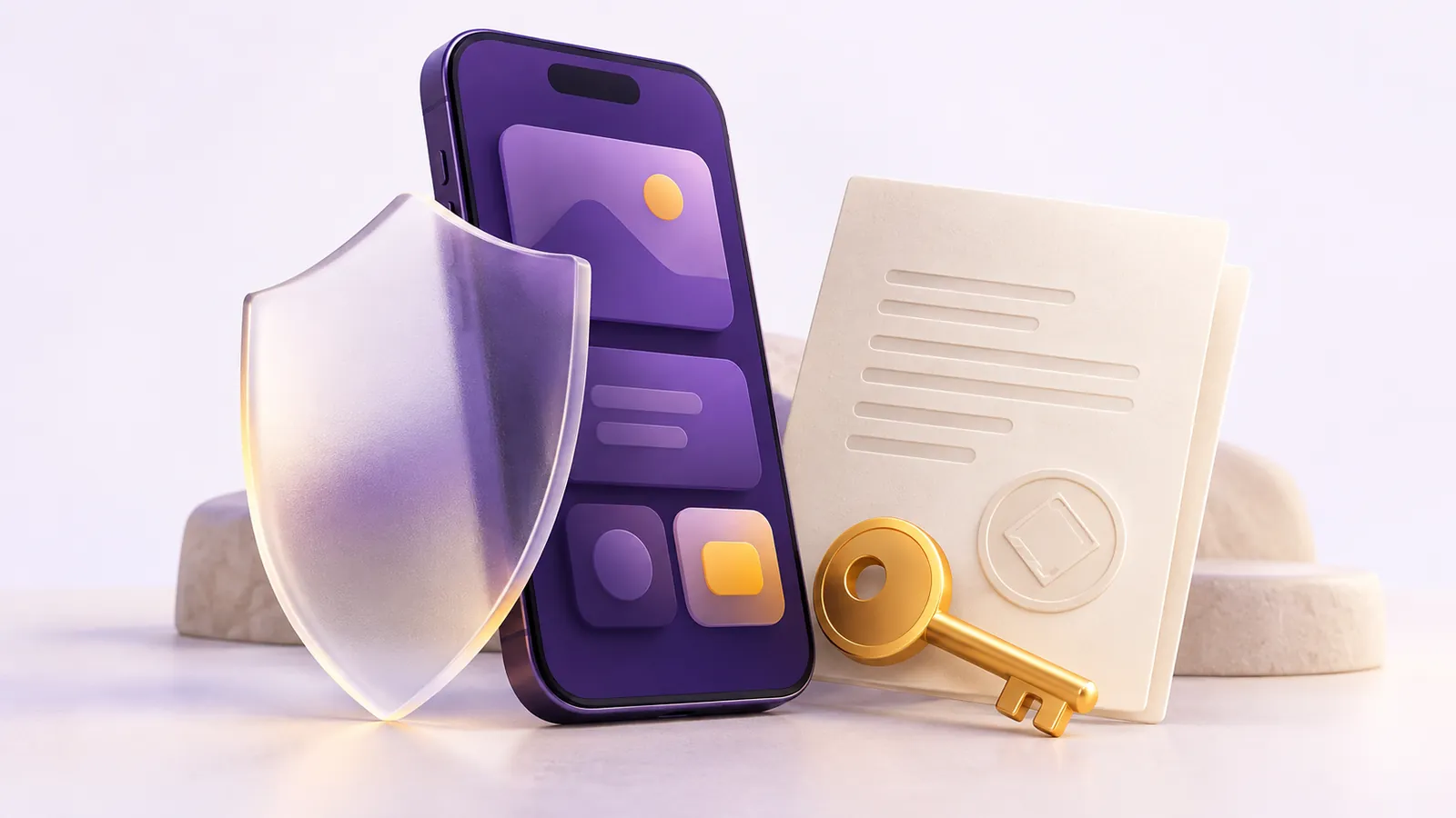Celular, escudo e documento representando proteção e titularidade do software.