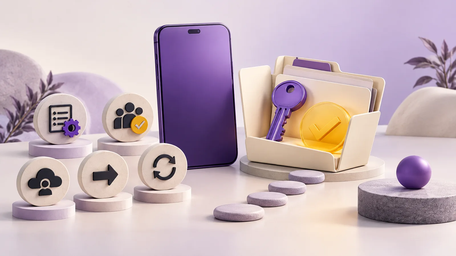 A mobile app, ownership key and approval markers represent five hiring checks.